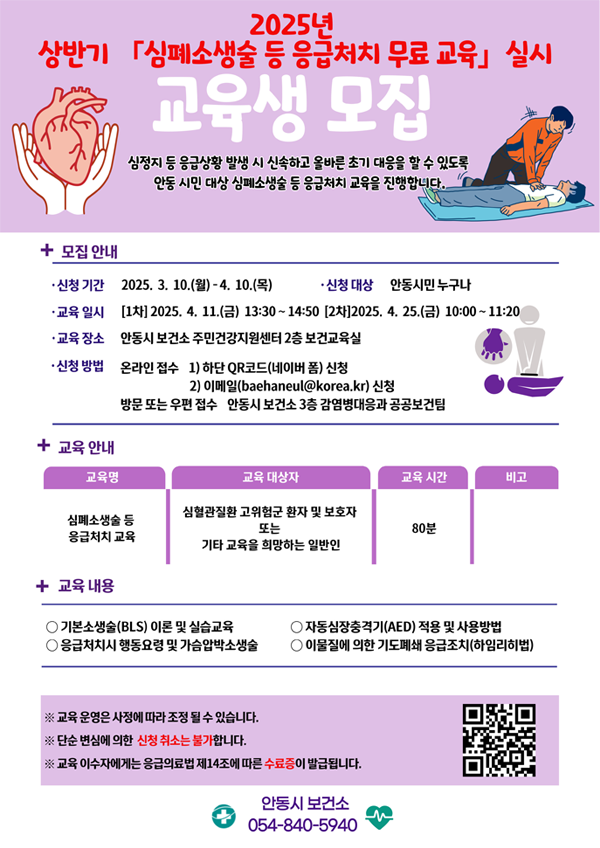 
		2025년 상반기 심폐소생술 등 응급처치 무료 교육 실시 교육생 모집
		심정지 들 응급상황 발생 시 신속하고 올바른 초기 대응을 할 수 있도록 안동시민 대상 심폐소생술 등 응급처치 교육을 진행합니다.
		모집안내
		-신청기간 : 2025.3.10(월)~4.10(목)
		-신청대상: 안동시민 누구나
		-교육일시 : 1차-2025.4.11(금) 13:30~14:50 / 2차 - 2025.4.25(금) 10:00~12:20
		-교육장소 : 안동시 보건소 주민건강지원센터 2층 보건교육실
		-신청방법 : 온라인접수 - 하단 QR코드(네이버폼) 신청, 이메일(baehaneul@korea.kr)신청 / 방문 또는 우편접수 안동시 보건소 3층 감염병대응과 공공보건팀
		-교육안내 :심폐소생술 등 응급처치 교육 / 대상자 - 심혈관질환 고위험군 환자 및 보호자 또는 기타 교육을 희망하는 일반인
		-교육내용 : 기본소생술(BLS) 이론 및 실습교육, 자동심장 충격기(AED) 적용 및 사용방법, 응급처치시 행동요량 및 가슴압박소생술, 이물질에 의한 기도폐쇄 응급조치(하임리히법)
		교육운영은 사정에 따라 조정 될 수 있습니다. 단순 변심에 의한 신청 취소는 불가합니다. 교육 이수자에게는 응급의료법 제 14조에 따른 수료증이 발급됩니다.
		안동시 보건소 054-840-5940 QR코드
		